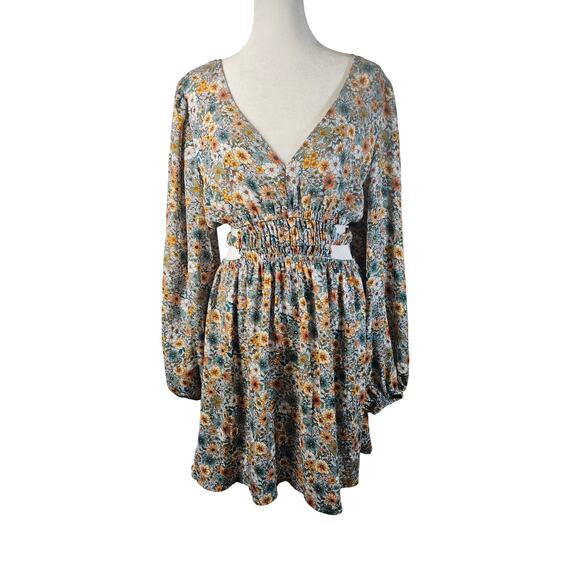 No Comment Womens L Floral‎ Dress & Side Waist Slits Puffy Sleeves Boho - Picture 1 of 16